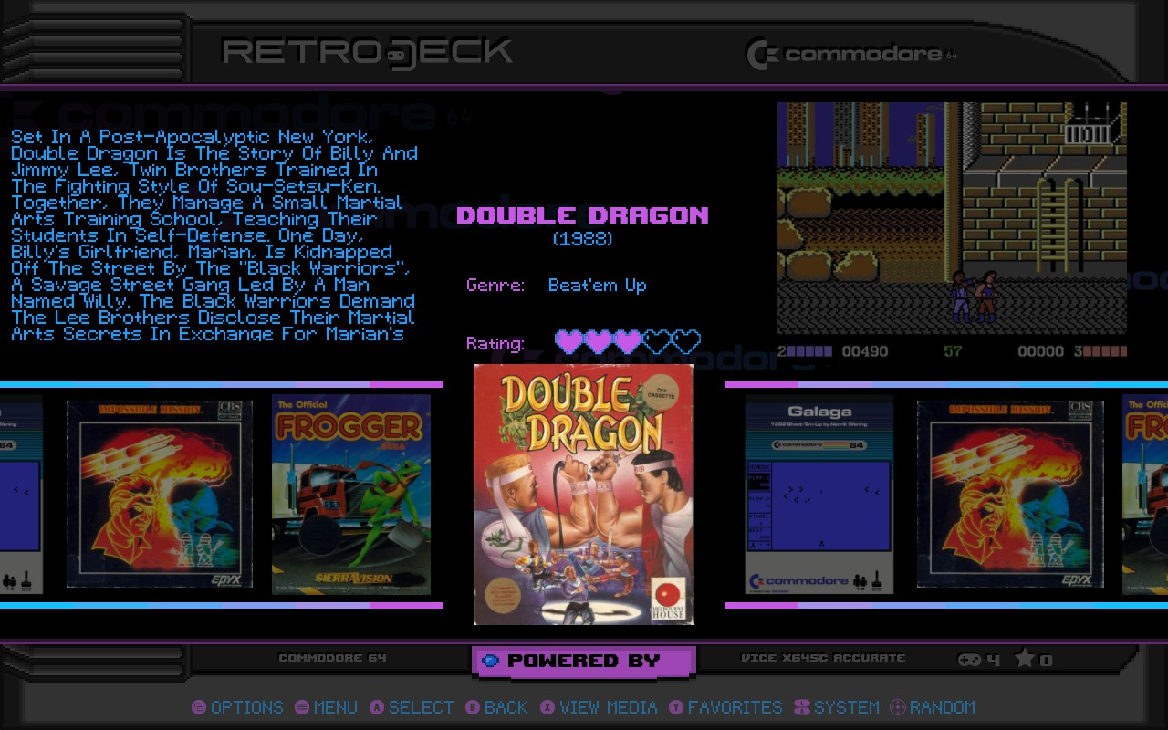 The RetroDECK custom ES-DE theme showing various game options.