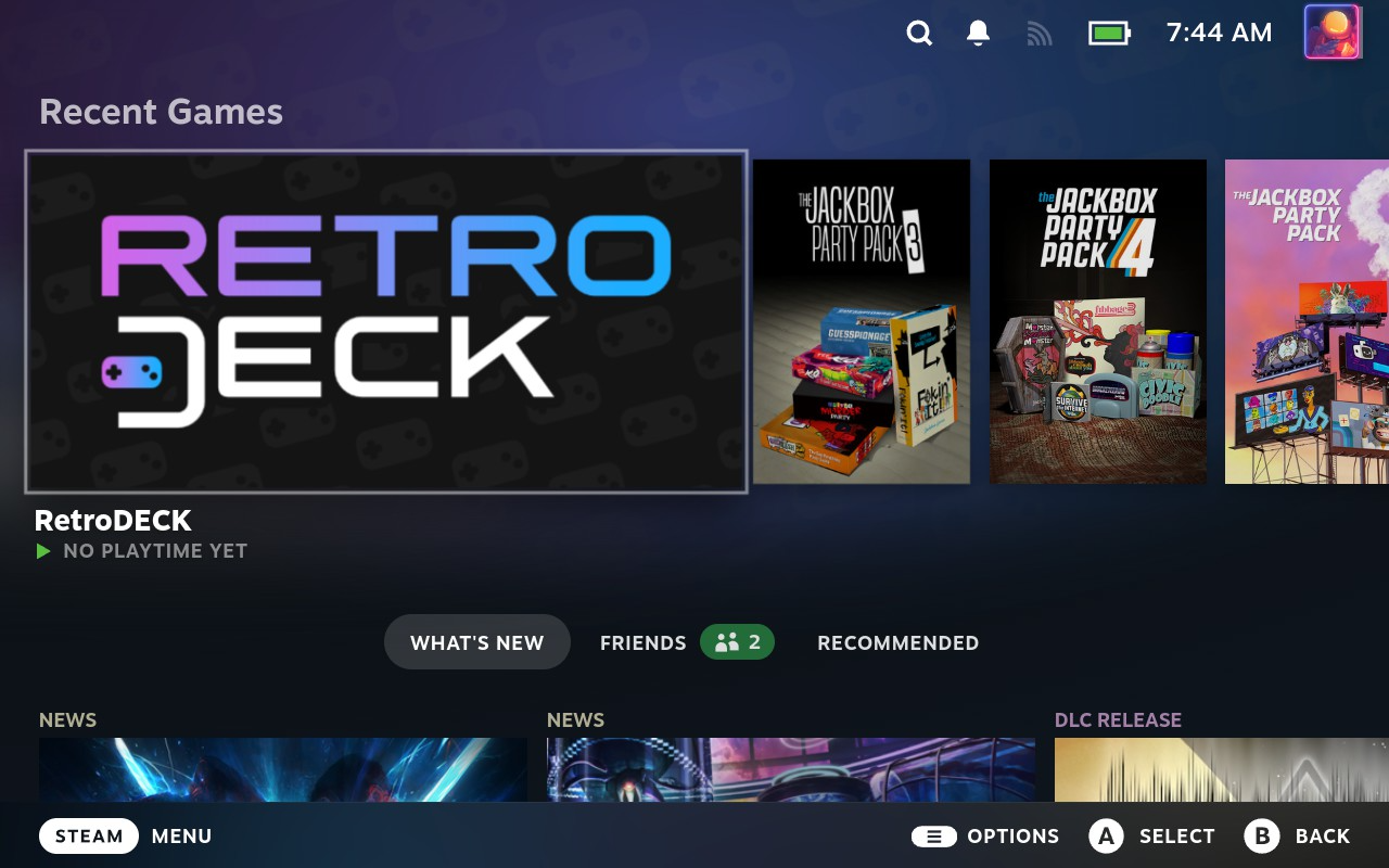 A RetroDECK icon on the Steam Library page.